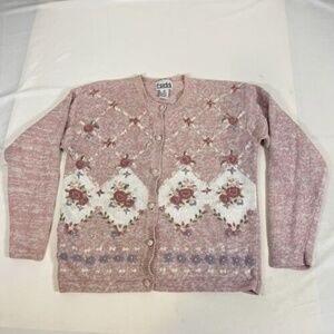 Vintage Teddi Cardigan Sweater Pink Floral Embroidered Cottagecore Granny Womens